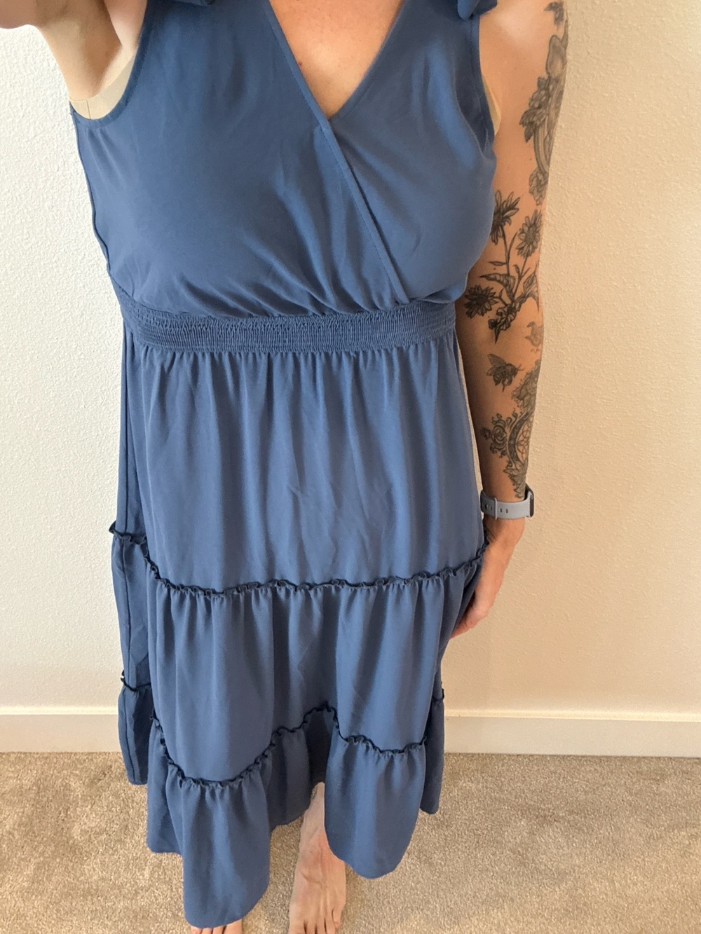 PrettyGarden Blue Sleeveless Tiered Midi Dress Size S Elastic Waist Cottagecore - Picture 2 of 3